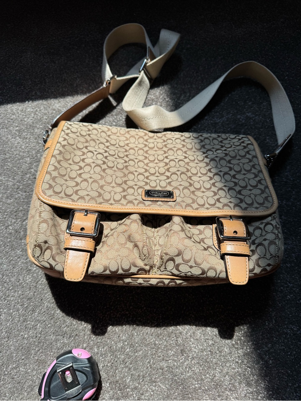 Coach Signature Canvas Messenger Bag in Brown with Tan Trim